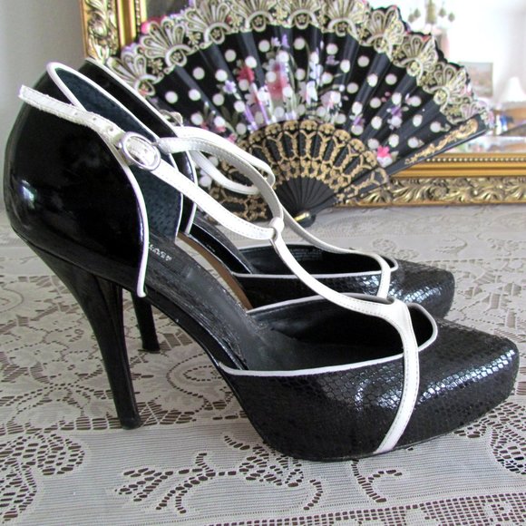 BLACK & WHITE HEELS, 8.5, 8 1/2 WHITE HOUSE BLACK MARKET SHOES, LEATHER - Picture 6 of 8